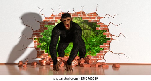 Chimpanzee Emerging From A Fault In The Wall, 3d Illustration