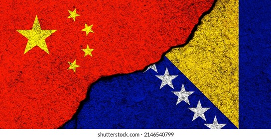 China And Bosnia And Herzegovina. Flags Background. Concept Of Politics, Economy, Culture And Conflicts, War. Friendships And Cooperation. Painted On Concrete Walls Banner