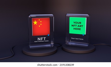 China Chinese Flag Country Double Mockup Holder Display 3d Rendering Illustration Of NFT Non Fungible Token Crypto Art Isolated Background Blockchain Technology Disruptive Collectibles Market