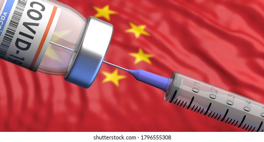 China Coronavirus Vaccine. Covid-19 Vaccination, Flu Prevention, Immunization Concept. Vial Dose And Medical Syringe, Chinese Flag Background. 3d Illustration