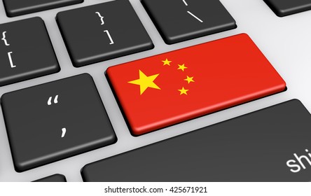 China digitalization and use of digital technologies concept with the Chinese flag on a computer key 3D illustration.