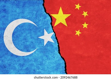 China and East Turkestan painted flags on a wall with a crack. China and Uyghur conflict. East Turkestan and China flags together. China vs Uighur