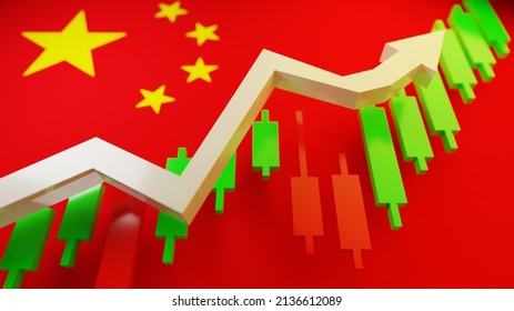 China Economy Growth Concept. Chart With Growing Line In Front Of The Flag Of Peoples Republic Of China. 3d Rendering