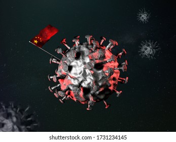 China Fighting And Inventing Vaccine Against Coronavirus CovID-19 With National Flag Set On Virus Molecule Closeup As Moon Mission Landing Allusion. 3D-rendering.