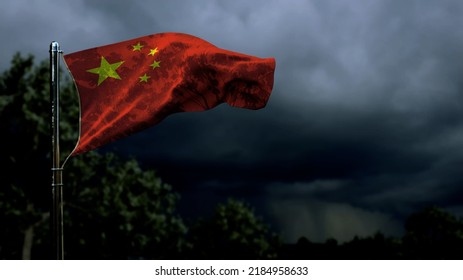 China Flag For Anthem Day On Dark Storm Cumulus Clouds - Abstract 3D Rendering