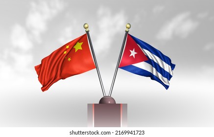 China Flag With Cuba Flag, 3D Rendering With A White Cloudy Background