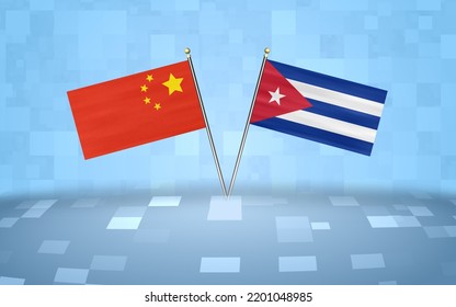 China Flag With Cuba Flag, 3D Rendering With A Blue Block's Background 