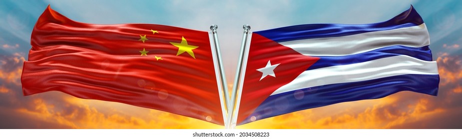 China Flag And Cuba Flag Waving With Texture Sky Clouds And Sunset Double Flag - 3D Illustration - 3D Render 