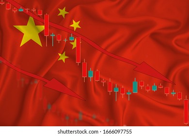 china flag, the fall of the currency against the background of the flag and stock price fluctuations. Crisis concept with falling stock prices of companies.