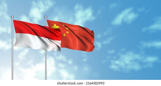 China Flag With Indonesia Flag, 3D Rendering With Cloudy Sky