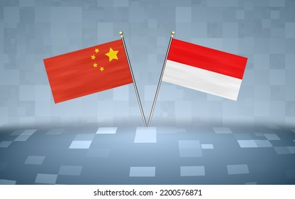 China Flag With Indonesia Flag, 3D Rendering With A Blue Block's Background 