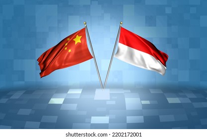 China Flag With Indonesia Flag, 3D Rendering With A Blue And White Block's Background 