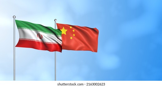 China Flag With Iran Flag, 3D Rendering With Cloudy Sky