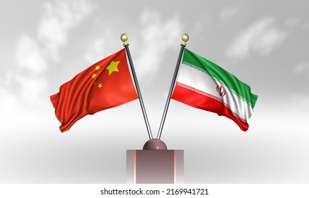 China Flag With Iran Flag, 3D Rendering With A White Cloudy Background