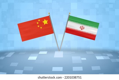 China Flag With Iran Flag, 3D Rendering With A Blue Block's Background 