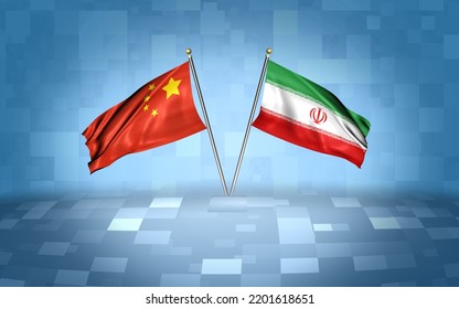 China Flag With Iran Flag, 3D Rendering With A Blue And White Block's Background 