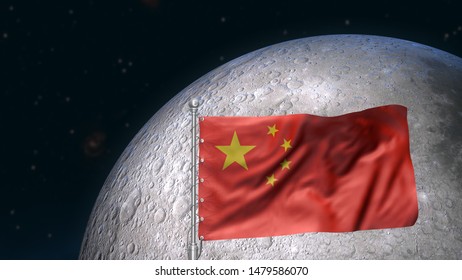 China Flag On The Moon. Chinese Moon Space Mission Concept. Science Background With Place For Text. 3d Render