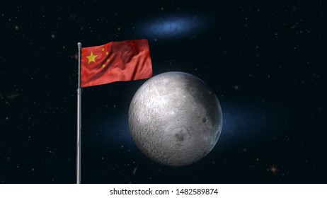 China Flag On The Moon. Chinese Moon Space Mission Concept. Science Background. 3d Render