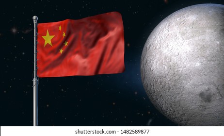 China Flag On The Moon. Chinese Moon Space Mission Concept. Science Background. 3d Render