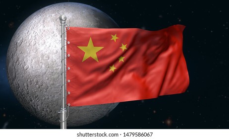 China Flag Over The Moon. Chinese Moon Mission Symbol. Science Background. 3d Render