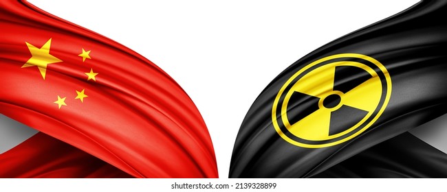 China Flag Of Silk And Nuclear Radiation Symbol-3D Illustration