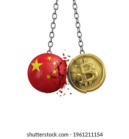 China Flag Smashing Into A Gold Bitcoin Crypto Coin. 3D Rendering