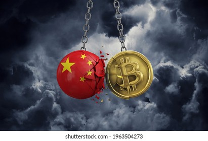 China Flag Smashing Into A Gold Bitcoin Crypto Coin. 3D Rendering