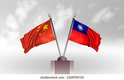 China Flag With Taiwan Flag, 3D Rendering With A White Cloudy Background