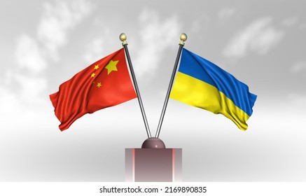 China Flag With Ukraine Flag, 3D Rendering With A White Cloudy Background