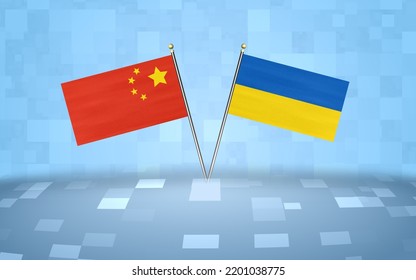 China Flag With Ukraine Flag, 3D Rendering With A Blue Block's Background 