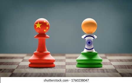 China And India Conflict. Country Flags On Chess Pawns On A Chess Board. 3D Illustration.