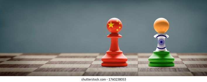 China And India Conflict. Country Flags On Chess Pawns On A Chess Board. 3D Illustration.