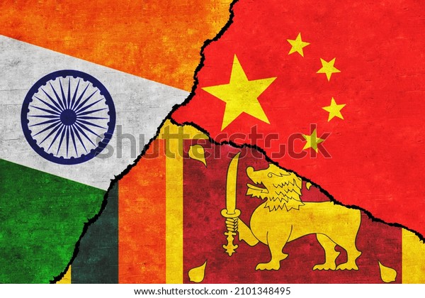 China, India and Sri Lanka\
painted flags on a wall with a crack. India, China and Sri Lanka\
relations