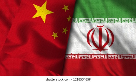 China And Iran - 3D Illustration Two Flag Together - Fabric Texture