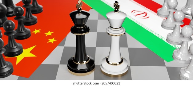 China And Iran Conflict, Clash, Crisis And Debate Between Those Two Countries That Aims At A Trade Deal And Dominance Symbolized By A Chess Game With National Flags, 3d Illustration