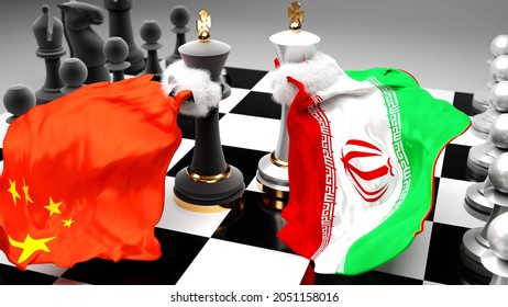 China Iran Crisis, Clash, Conflict And Debate Between Those Two Countries That Aims At A Trade Deal Or Dominance Symbolized By A Chess Game With National Flags, 3d Illustration