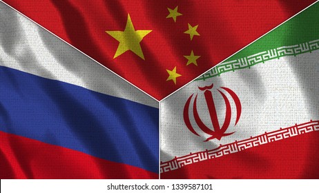 China And Iran And Russia Realistic Three Flags Together - 3D Illustration Fabric Texture