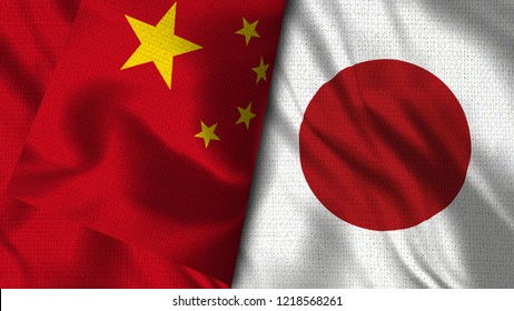 China And Japan - 3D Illustration Two Flag Together - Fabric Texture