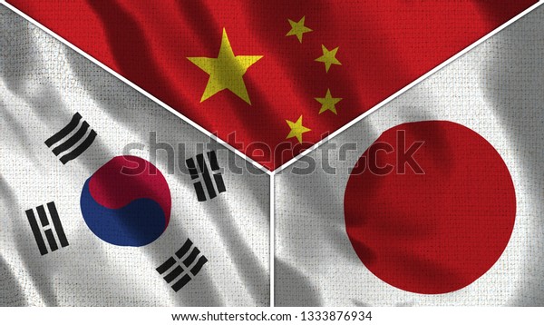 中国と日本と韓国のリアルな3つの国旗を合わせて合わせた図 3dイラストの布のテクスチャー のイラスト素材