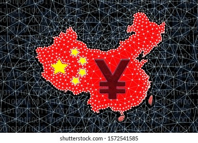 China Map Made Of Digital Blockchain Grid On A Black Background By Digital Grid. The Symbol Of The Chinese Yen.China State Digital Currency Concept.