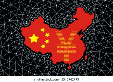 China map silhouette with symbols of the Chinese yen from binary code on a black background with a digital grid. China Digital Currency Concept.