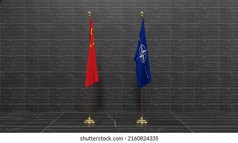 China And NATO Flags. Flag China And Flag NATO. Conflict Between China Vs NATO. 3D Work And 3D Image. Yerevan, Armenia - 2022 May 26