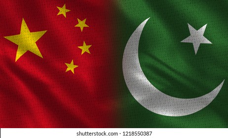China And Pakistan - 3D Illustration Two Flag Together - Fabric Texture