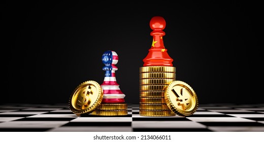 China Pawn Chess Standing On Upper Yuan Coins Stacking And United States Of America Pawn Chess  Standing Lower US Dollar Coins Stacking For China Economic Growth And Development More Than USA Concept.