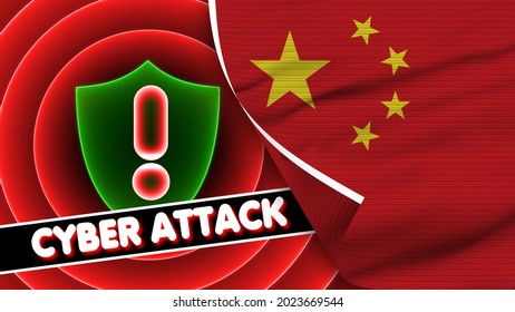 China Realistic Flag with Cyber Attack Title Neon Effect Red Circles Green Shield Red Exclamation Check Icons Fabric Texture Effect 3D Illustration