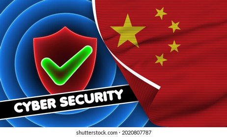 China Realistic Flag with Cyber Security Title Neon Effect Blue Circles Red Shield Green Check Icons Fabric Texture Effect 3D Illustration