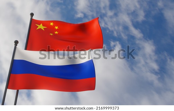 China and Russia flags. Blue sky and flag China
and Russia. 3D work and 3D
image