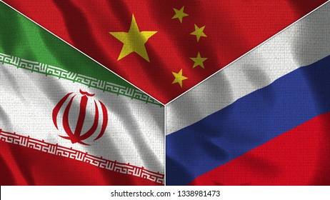 China And Russia And Iran Realistic Three Flags Together - 3D Illustration Fabric Texture