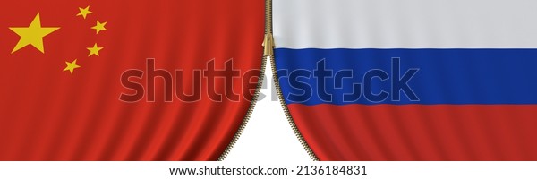 China and Russia
political cooperation or conflict, flags and closing or opening
zipper, conceptual 3D
rendering