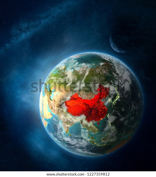 China from space on Earth surrounded by space with\
Moon and Milky Way. Detailed planet surface with city lights and\
clouds. 3D illustration. Elements of this image furnished by\
NASA.